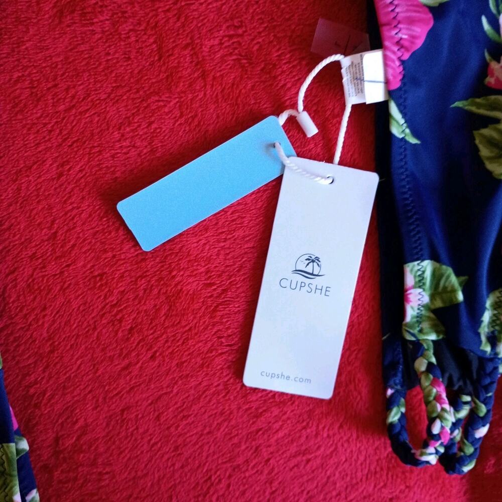 NWT Cupshe Floral Bikini Womens Sz L Braided Tropical Coastal Beach Hawaii Navy - Picture 3 of 4